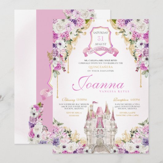 Roze Paarse Prinses Kasteel Royal Quinceanera Kaart (Voorkant / Achterkant)