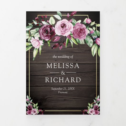 Roze Paarse Pruim Bloemen Ampersand Wood QR Bruilo Drieluik Uitnodiging (Cover)