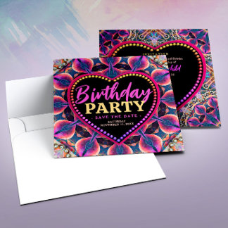 Roze Paarse Psychedelische Hippie Hart Verjaardag Save The Date