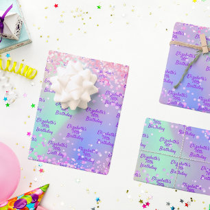 Roze paarse regenboog glitters monogram inpakpapier vel