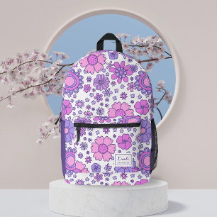 Roze & Paarse Retro bloemengroovy Monogram Bedrukte Rugzak