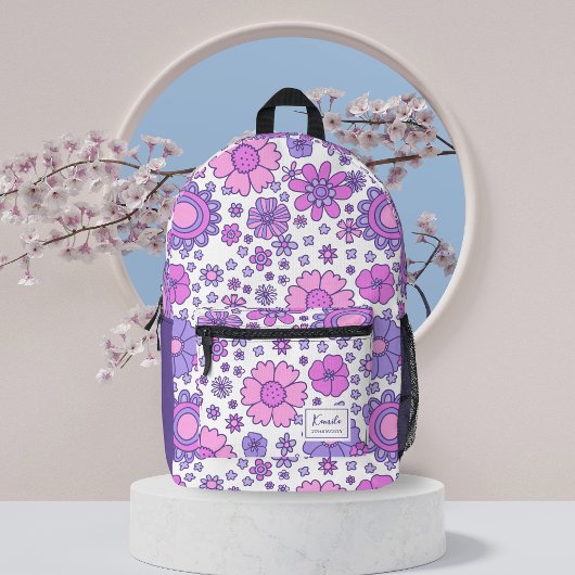 Roze & Paarse Retro bloemrijke groovy Monogram Bedrukte Rugzak