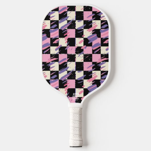 Roze & Paarse Retro Geruite Pickleball Paddle (Voorkant)