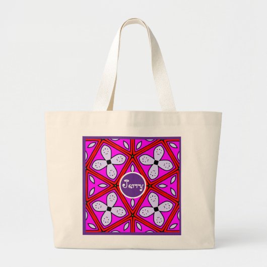 Roze, Paarse & Rode Bloemen Geometrisch Ontwerp Grote Tote Bag (Voorkant)