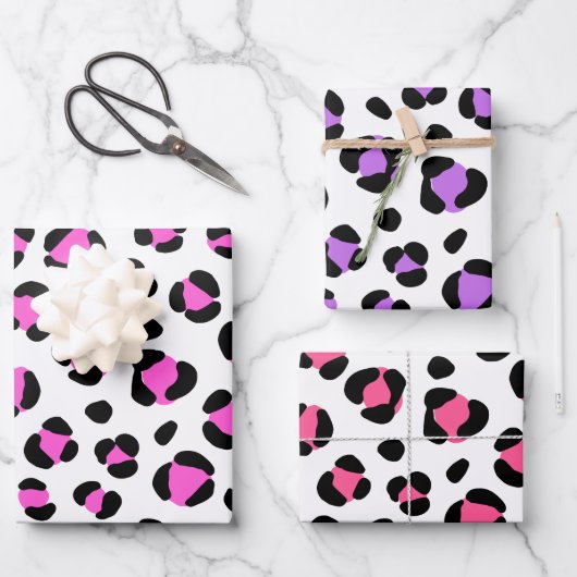 Roze Paarse Rood Zwart Leopard Dierenprint Inpakpapier Vel (Voorkant)
