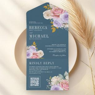 Roze Paarse Roos Bloem QR Code Stofblauw Bruiloft All In One Uitnodiging