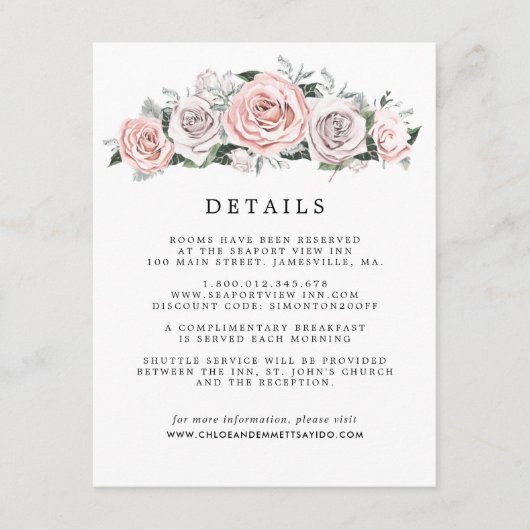 Roze Paarse Roos Bloemen bruiloft Gast Details Informatiekaartje (Voorkant)