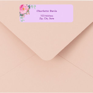 Roze paarse roos bloemige groene retouradres  etiket