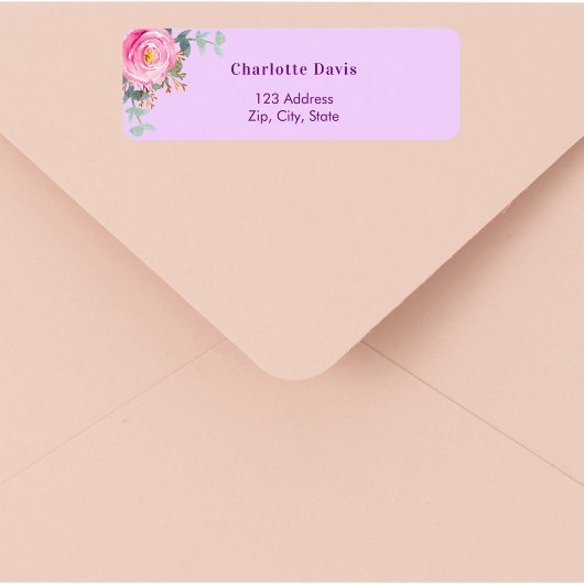Roze paarse roos bloemige groene retouradres  etiket