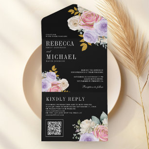 Roze Paarse Rozen Bloem QR Code Zwarte Huwelijk All In One Uitnodiging