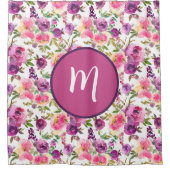 Roze Paarse Rozen Floral Girly Initiaal Monogramme Douchegordijn (Voorkant)