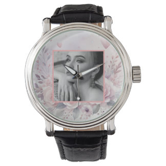 Roze paarse rozen harten bloem foto aquarel horloge