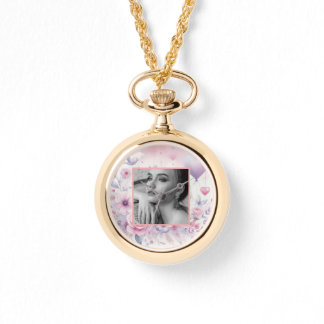 Roze paarse rozen harten bloemenfoto waterverf horloge