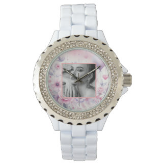 Roze paarse rozen harten bloemenfoto waterverf horloge