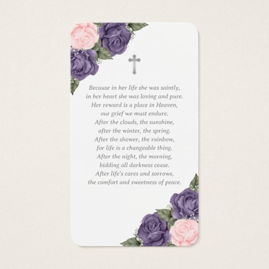 Roze Paarse Rozen Silver Cross Funeral Prayer Kaar Visitekaartje (Achterkant)