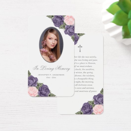 Roze Paarse Rozen Silver Cross Funeral Prayer Kaar Visitekaartje (Bureau)