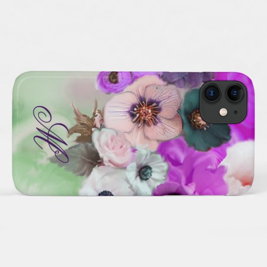 ROZE PAARSE ROZEN, WITTE ANEMONEBLOEMEN MONOGRAM Case-Mate iPhone CASE (Achterkant (horizontaal))