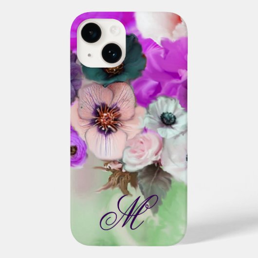 ROZE PAARSE ROZEN, WITTE ANEMONEBLOEMEN MONOGRAM Case-Mate iPhone CASE (Achterkant)