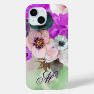 ROZE PAARSE ROZEN, WITTE ANEMOONBLOEMEN MONOGRAM iPhone 15 CASE