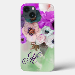 ROZE PAARSE ROZEN, WITTE ANEMOONBLOEMEN MONOGRAM iPhone 13 HOESJE