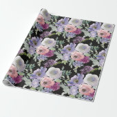Roze Paarse Rozen Zwarte Achtergrond Cadeaupapier (Uitgerold)