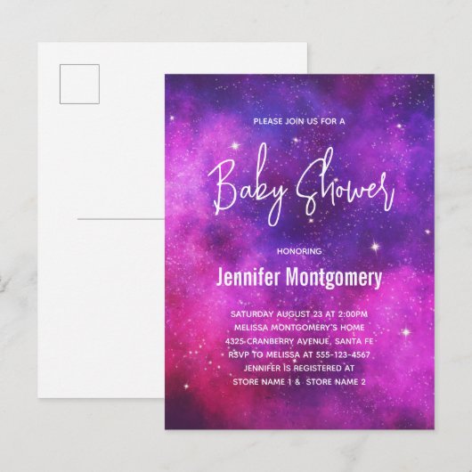 Roze & Paarse Ruimte & Sterren Sterrenstelsel Baby Uitnodiging Briefkaart (Voorkant / Achterkant)