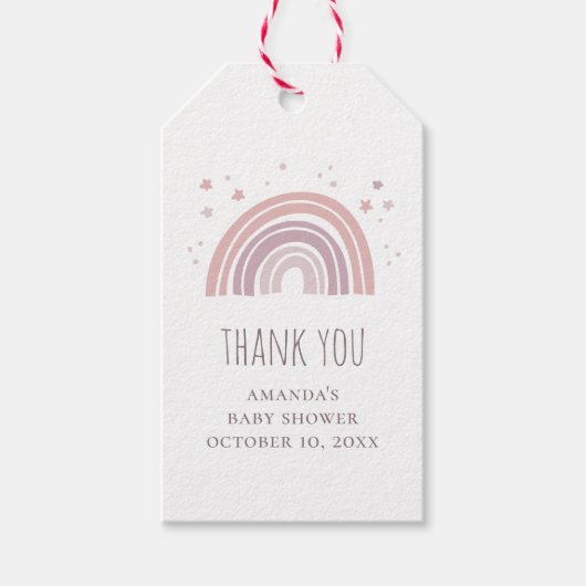 Roze paarse schattige regenboog baby shower dank u cadeaulabel (Voorkant)