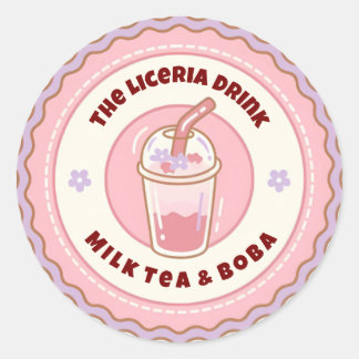 Roze & Paarse Schattigee Boba Milk Tea Logo Ronde Sticker