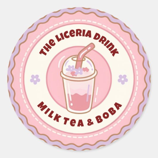 Roze & Paarse Schattigee Boba Milk Tea Logo Ronde Sticker (Voorkant)