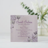 Roze & Paarse Shimmer Butterfly Sweet 16 Uitnodige Kaart (Staand voorkant)