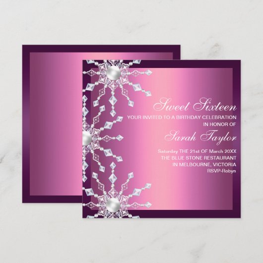 Roze & Paarse Shimmer Snowflake Verjaardag Uitnodi Kaart (Voorkant / Achterkant)