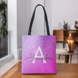 Roze Paarse Sparkle Elegant Monogram Boekentas Tote Bag<br><div class="desc">Roze en Paarse Ombre Faux Sparkle en Glitter Elegant Monogram Boekentas. Deze Boekentas kan worden aangepast om uw initiaal en voornaam op te nemen.</div>