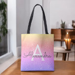 Roze Paarse Sparkle Elegant Monogram Boekentas Tote Bag<br><div class="desc">Pastel Goud,  Geel,  Sinaasappel,  Roze en Paarse Ombre Faux Sparkle en Glitter Elegant Monogram Boekentas. Deze Boekentas kan worden aangepast om uw initiaal en voornaam op te nemen.</div>