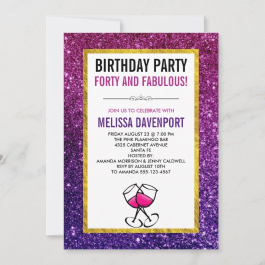 Roze & Paarse Sparkle Glitter 40e Verjaardagsfeest Kaart (Voorkant)