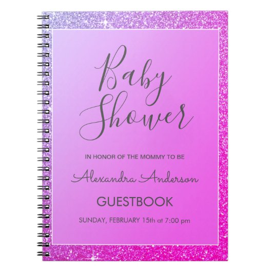 Roze Paarse Sparkle Glitter Baby shower Guestbook Notitieboek (Voorkant)