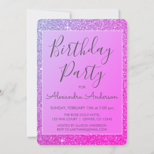 Roze Paarse Sparkle Glitter Girly Verjaardagsfeest Kaart (Achterkant)