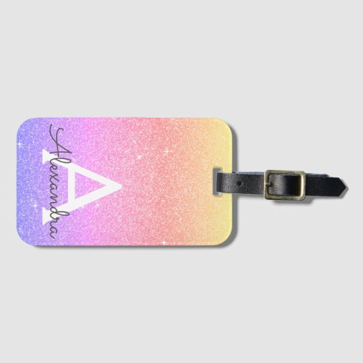 Roze Paarse Sparkle Glitter Monogram Naam Bagagelabel (Voorkant (horizontaal))