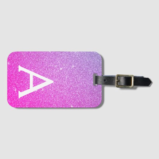 Roze Paarse Sparkle Glitter Monogram Naam Bagagelabel (Voorkant (horizontaal))