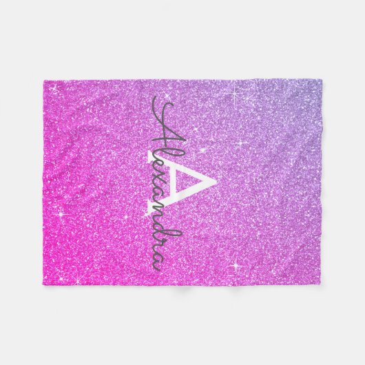 Roze Paarse Sparkle Glitter Monogram Naam Fleece Deken (Voorkant (Horizontaal))
