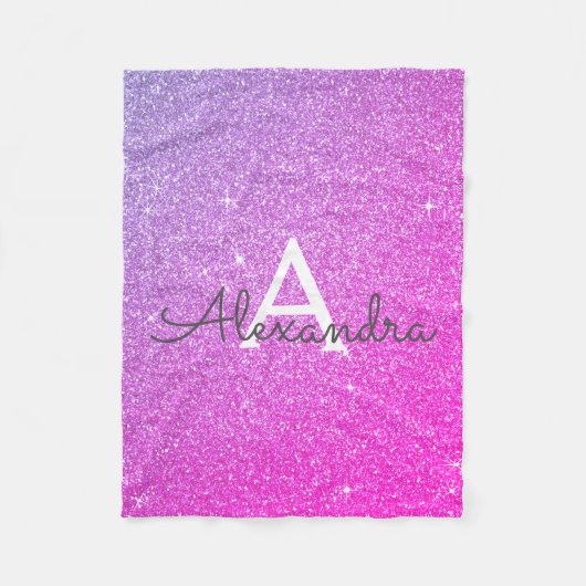 Roze Paarse Sparkle Glitter Monogram Naam Fleece Deken (Voorkant)