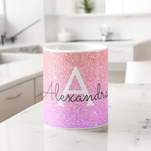 Roze Paarse Sparkle Glitter Monogram Naam Initiaal Koffiemok