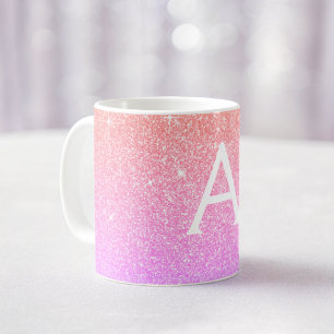 Roze Paarse Sparkle Glitter Monogram Naam Initiaal Koffiemok