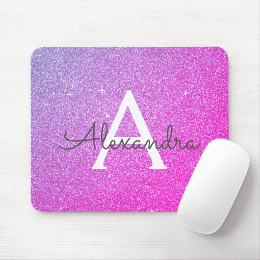 Roze Paarse Sparkle Glitter Monogram Name Mousepad Muismat (Met muis)