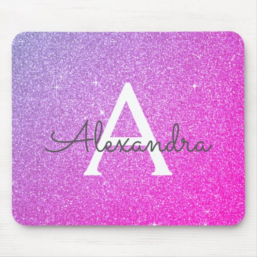 Roze Paarse Sparkle Glitter Monogram Name Mousepad Muismat (Voorkant)
