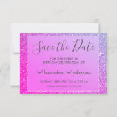 Roze Paarse Sparkle Glitter Sweet 16 Bewaar de dat Save The Date (Achterkant)
