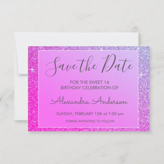 Roze Paarse Sparkle Glitter Sweet 16 Bewaar de dat Save The Date (Achterkant)