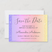 Roze Paarse Sparkle Glitter Sweet 16 Bewaar de dat Save The Date (Achterkant)