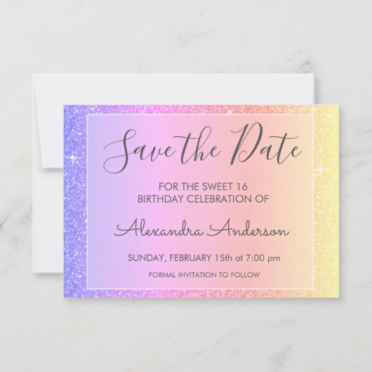Roze Paarse Sparkle Glitter Sweet 16 Bewaar de dat Save The Date (Achterkant)