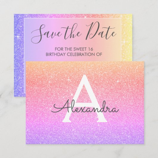 Roze Paarse Sparkle Glitter Sweet 16 Bewaar de dat Save The Date (Voorkant / Achterkant)