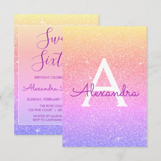 Roze Paarse Sparkle Glitter Sweet Zestien Verjaard Kaart (Voorkant / Achterkant)